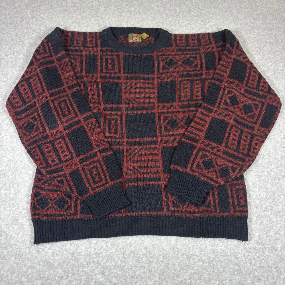 Vintage St. Johns Bay Sweater Mens Large Black Red Geometric Knit Crewneck